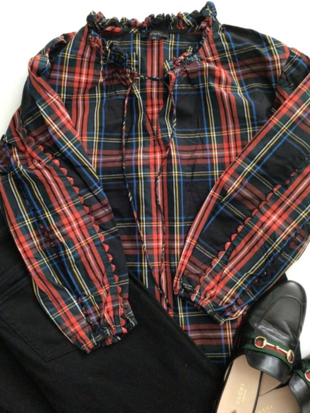 J Crew Plaid Cotton Blouse with Tie Neck Sz XS